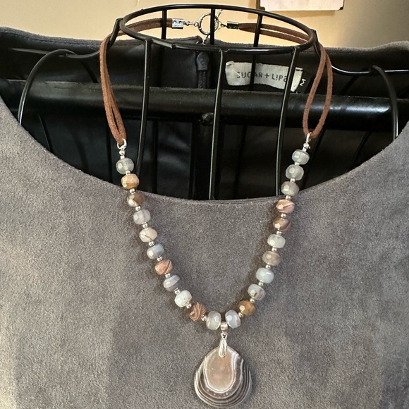 Botswana Agate Pendant and Beaded Necklace on Brown Faux Leather Double Rope - Picture 13 of 15